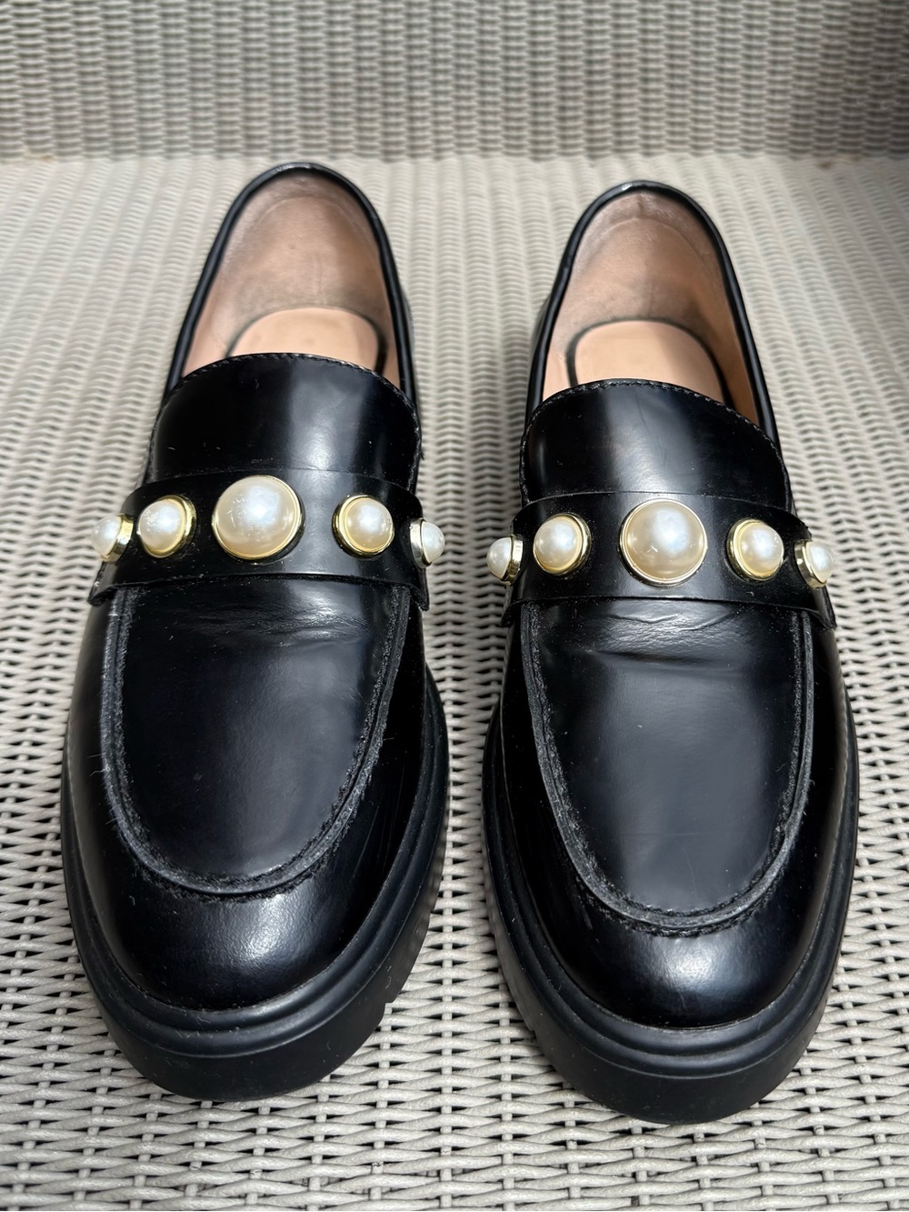 Stuart Weitzman Black Leather Loafers w/ Pearl Detail – Size 36